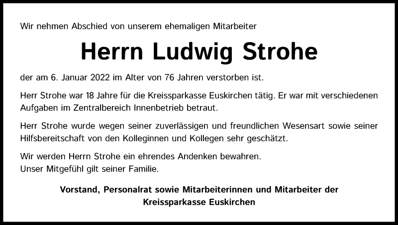  Traueranzeige für Ludwig Strohe vom 21.01.2022 aus Kölner Stadt-Anzeiger / Kölnische Rundschau / Express
