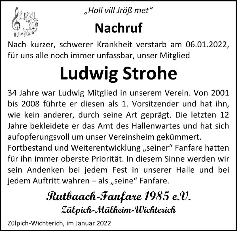  Traueranzeige für Ludwig Strohe vom 29.01.2022 aus  Blickpunkt Euskirchen 