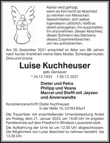Anzeige von Luise Kuchheuser von  Extra Blatt 
