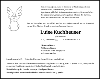 Anzeige von Luise Kuchheuser von Kölner Stadt-Anzeiger / Kölnische Rundschau / Express