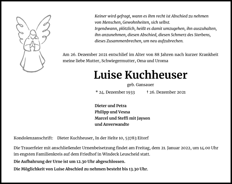  Traueranzeige für Luise Kuchheuser vom 08.01.2022 aus Kölner Stadt-Anzeiger / Kölnische Rundschau / Express