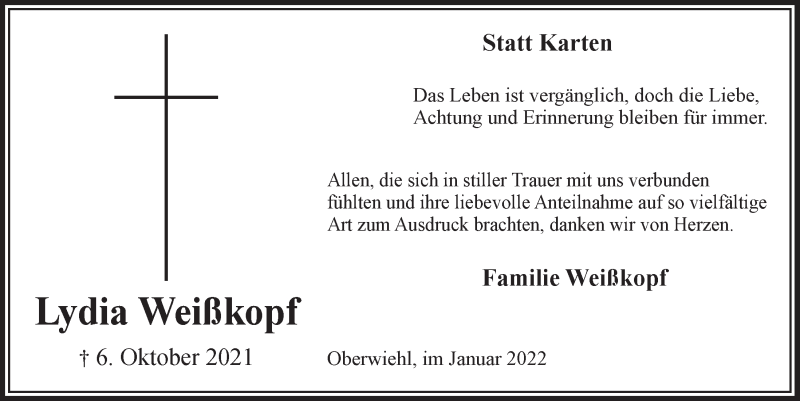  Traueranzeige für Lydia Weißkopf vom 21.01.2022 aus  Anzeigen Echo 