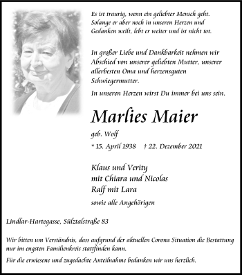 Anzeige von Marlies Maier von Kölner Stadt-Anzeiger / Kölnische Rundschau / Express
