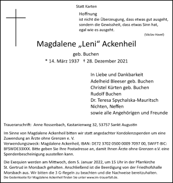 Anzeige von Magdalene  Ackenheil von Kölner Stadt-Anzeiger / Kölnische Rundschau / Express