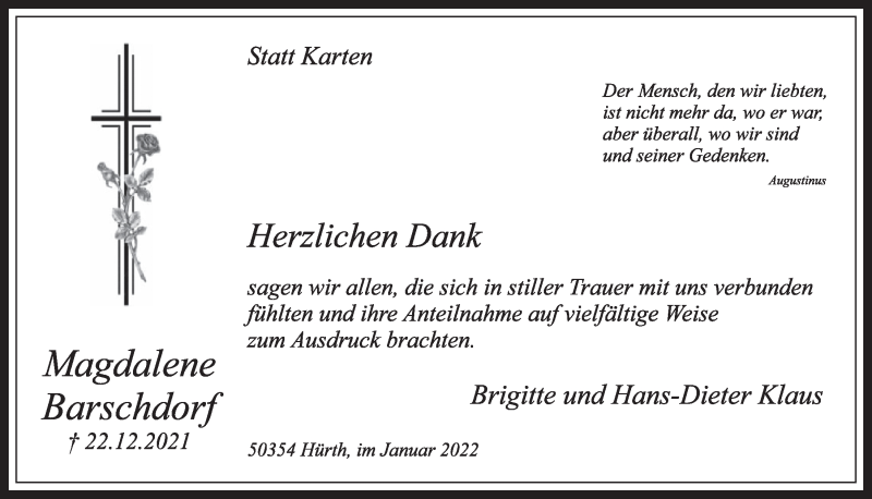  Traueranzeige für Magdalene Barschdorf vom 28.01.2022 aus  Wochenende 