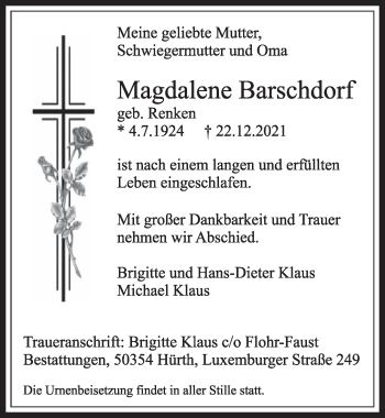 Anzeige von Magdalene Barschdorf von  Wochenende 