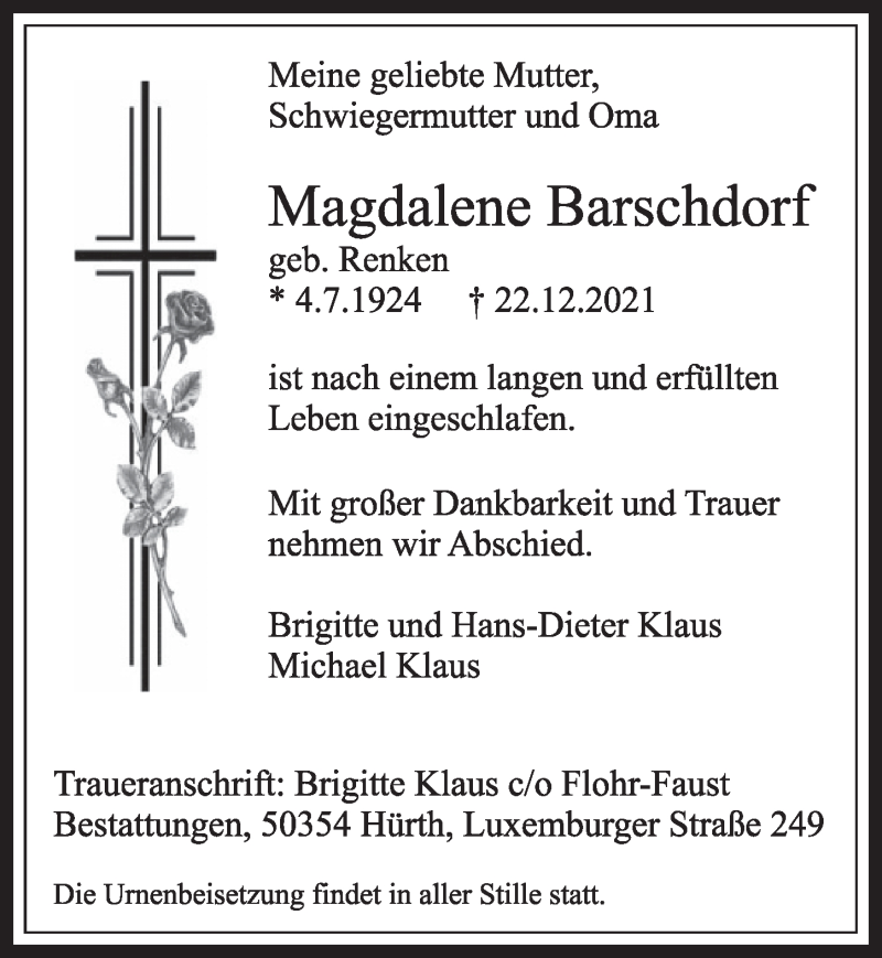  Traueranzeige für Magdalene Barschdorf vom 07.01.2022 aus  Wochenende 