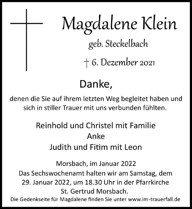  Traueranzeige für Magdalene Klein vom 21.01.2022 aus  Lokalanzeiger 