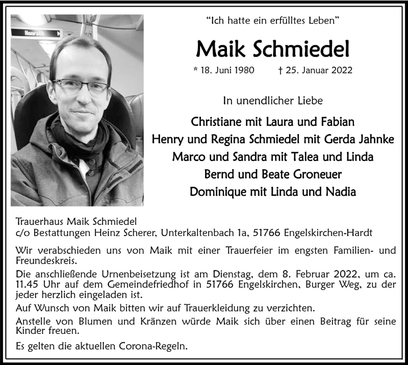  Traueranzeige für Maik Schmiedel vom 28.01.2022 aus  Anzeigen Echo 