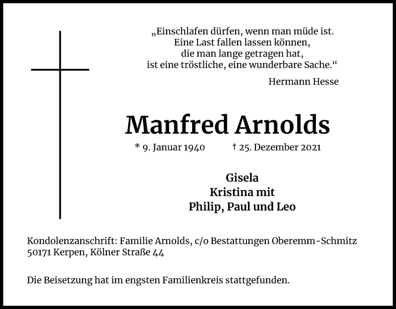  Traueranzeige für Manfred Arnolds vom 15.01.2022 aus Kölner Stadt-Anzeiger / Kölnische Rundschau / Express