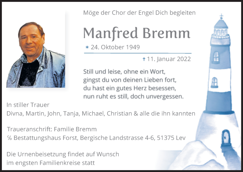  Traueranzeige für Manfred Bremm vom 22.01.2022 aus Kölner Stadt-Anzeiger / Kölnische Rundschau / Express