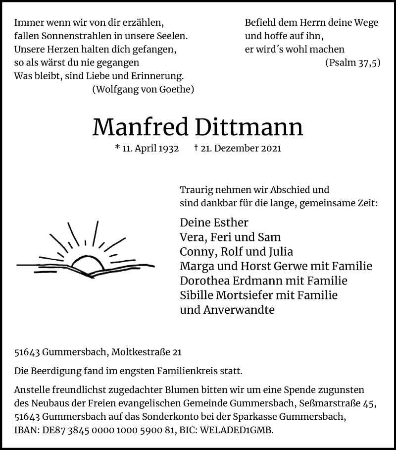  Traueranzeige für Manfred Dittmann vom 08.01.2022 aus Kölner Stadt-Anzeiger / Kölnische Rundschau / Express