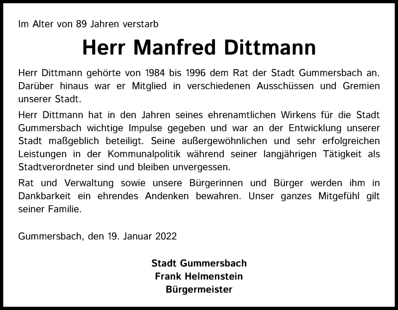  Traueranzeige für Manfred Dittmann vom 19.01.2022 aus Kölner Stadt-Anzeiger / Kölnische Rundschau / Express