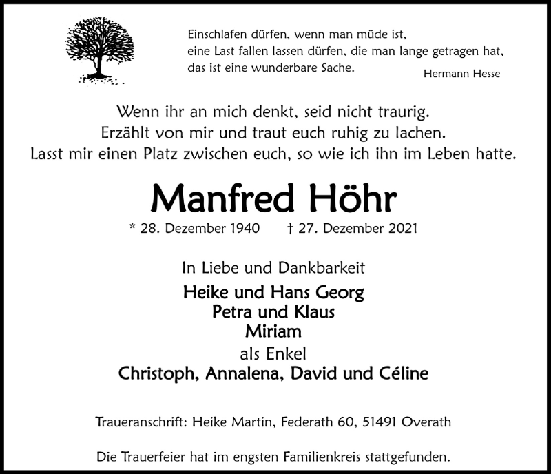  Traueranzeige für Manfred Höhr vom 07.01.2022 aus  Anzeigen Echo 