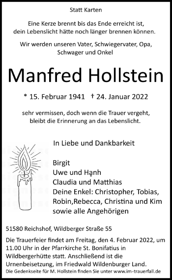 Anzeige von Manfred Hollstein von  Anzeigen Echo 