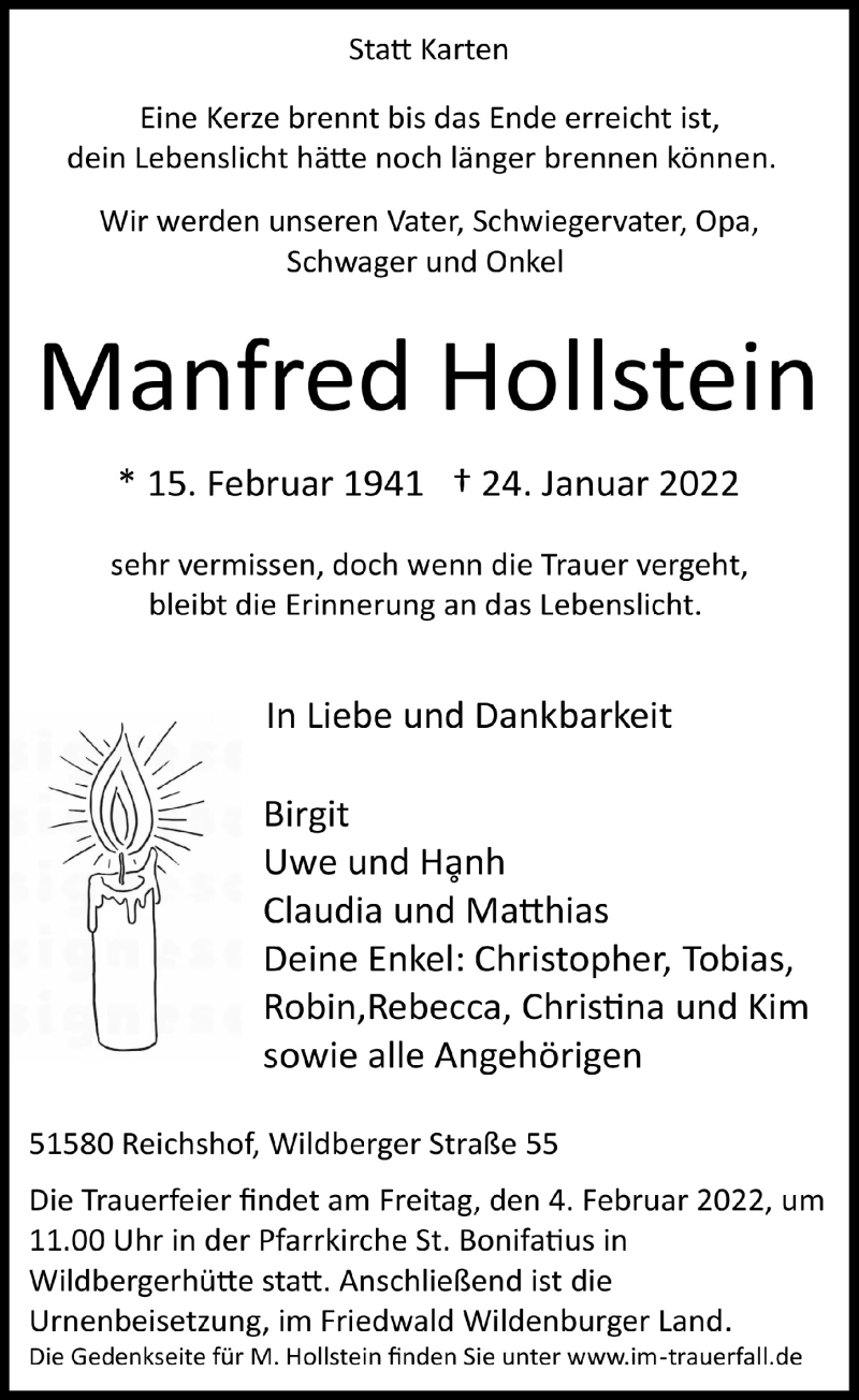  Traueranzeige für Manfred Hollstein vom 28.01.2022 aus  Anzeigen Echo 
