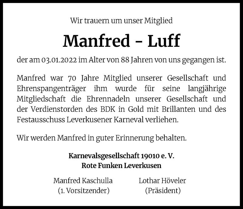  Traueranzeige für Manfred Luff vom 22.01.2022 aus Kölner Stadt-Anzeiger / Kölnische Rundschau / Express