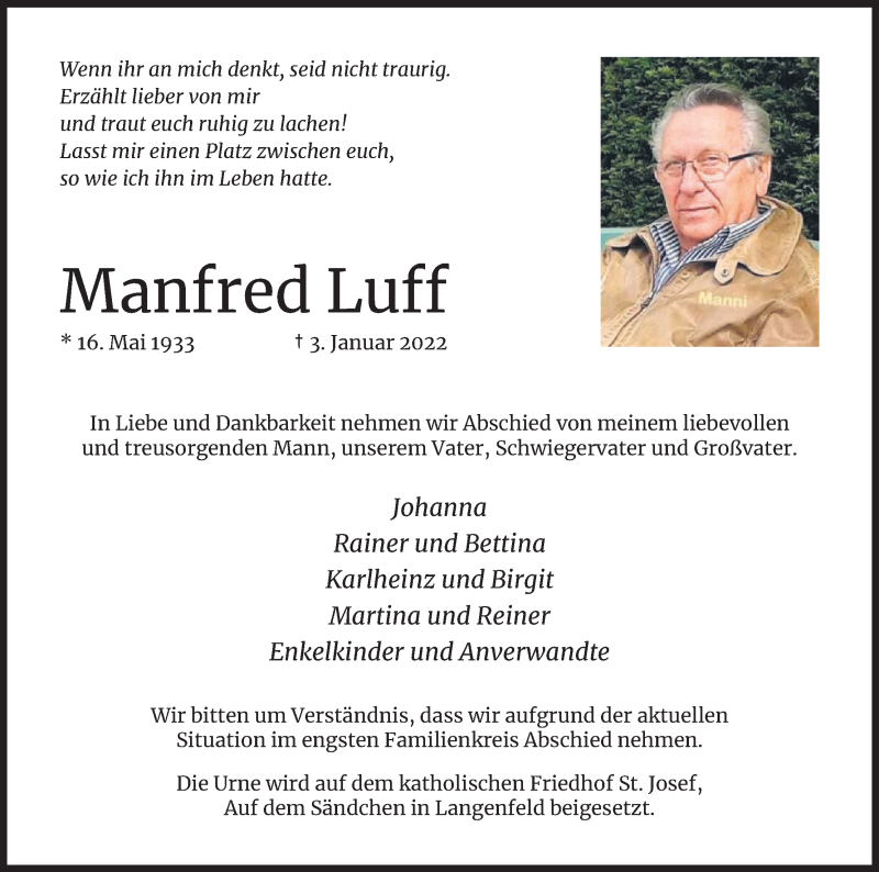  Traueranzeige für Manfred Luff vom 15.01.2022 aus Kölner Stadt-Anzeiger / Kölnische Rundschau / Express