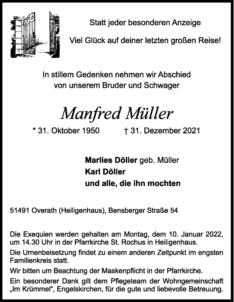  Traueranzeige für Manfred Müller vom 08.01.2022 aus Kölner Stadt-Anzeiger / Kölnische Rundschau / Express