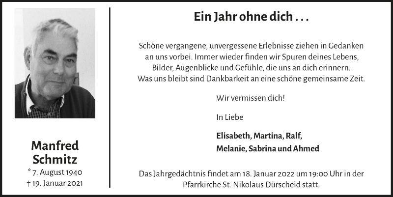  Traueranzeige für Manfred Schmitz vom 14.01.2022 aus  Bergisches Handelsblatt 