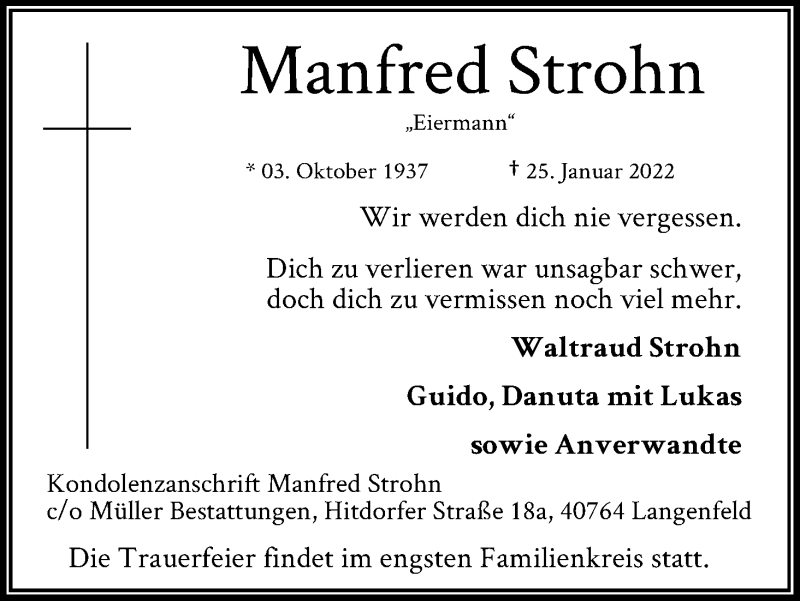 Traueranzeige für Manfred Strohn vom 31.01.2022 aus Kölner Stadt-Anzeiger / Kölnische Rundschau / Express