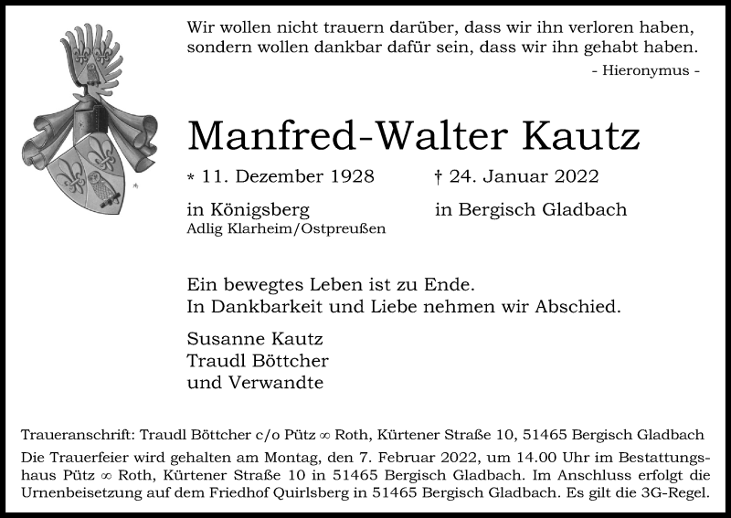  Traueranzeige für Manfred-Walter Kautz vom 29.01.2022 aus Kölner Stadt-Anzeiger / Kölnische Rundschau / Express