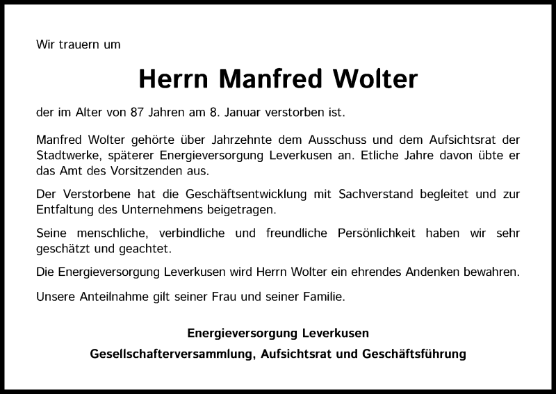  Traueranzeige für Manfred Wolter vom 22.01.2022 aus Kölner Stadt-Anzeiger / Kölnische Rundschau / Express