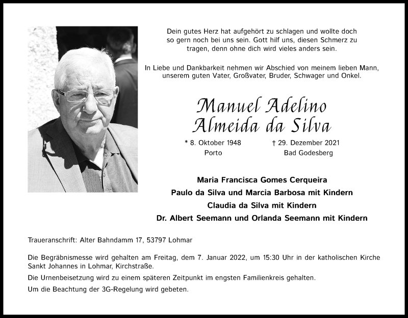  Traueranzeige für Manuel Adelino Almeida da Silva vom 05.01.2022 aus Kölner Stadt-Anzeiger / Kölnische Rundschau / Express