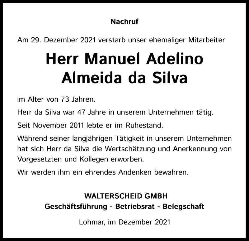  Traueranzeige für Manuel Adelino Almeida da Silva vom 13.01.2022 aus Kölner Stadt-Anzeiger / Kölnische Rundschau / Express