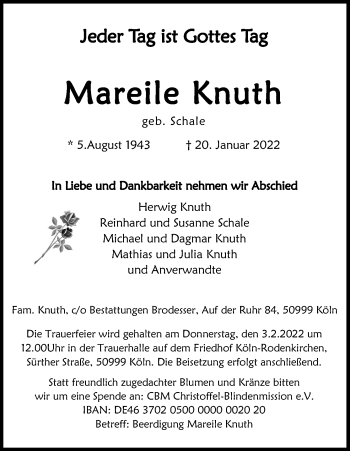 Anzeige von Mareile Knuth von Kölner Stadt-Anzeiger / Kölnische Rundschau / Express