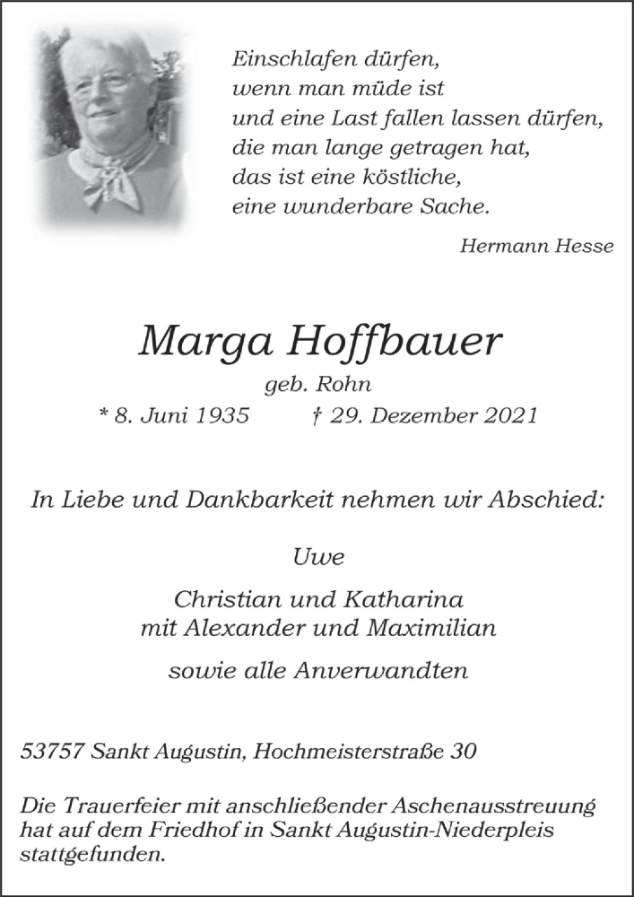  Traueranzeige für Marga Hoffbauer vom 21.01.2022 aus  Extra Blatt 