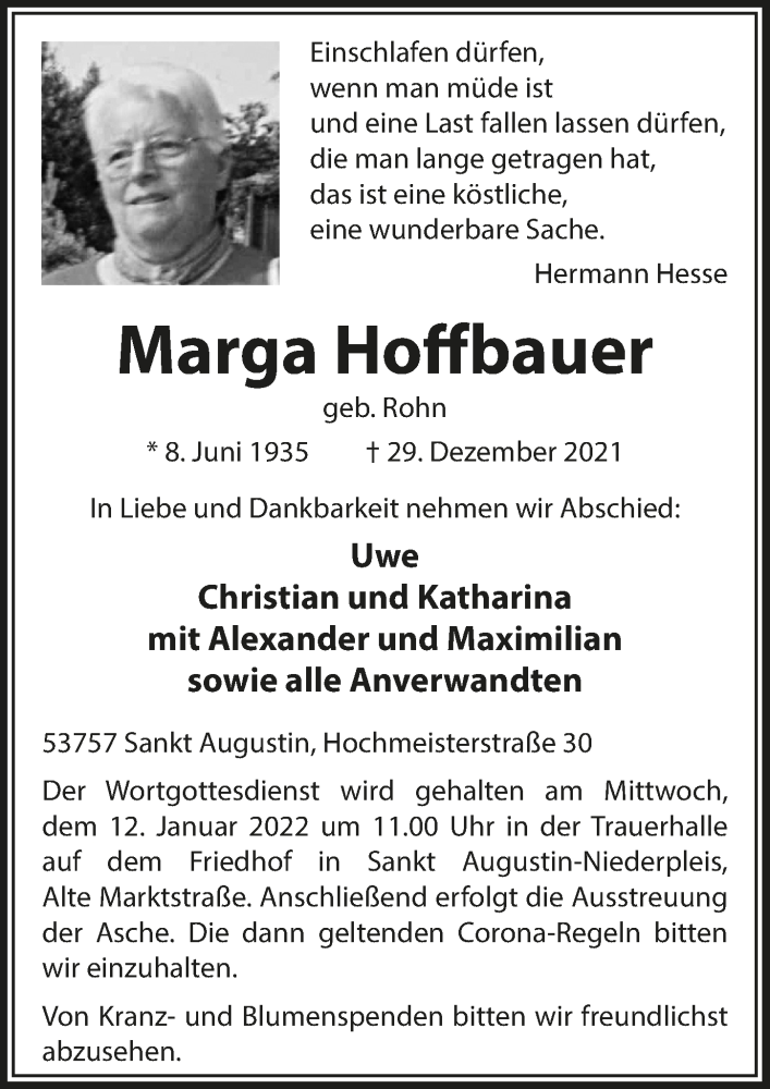  Traueranzeige für Marga Hoffbauer vom 07.01.2022 aus  Extra Blatt 