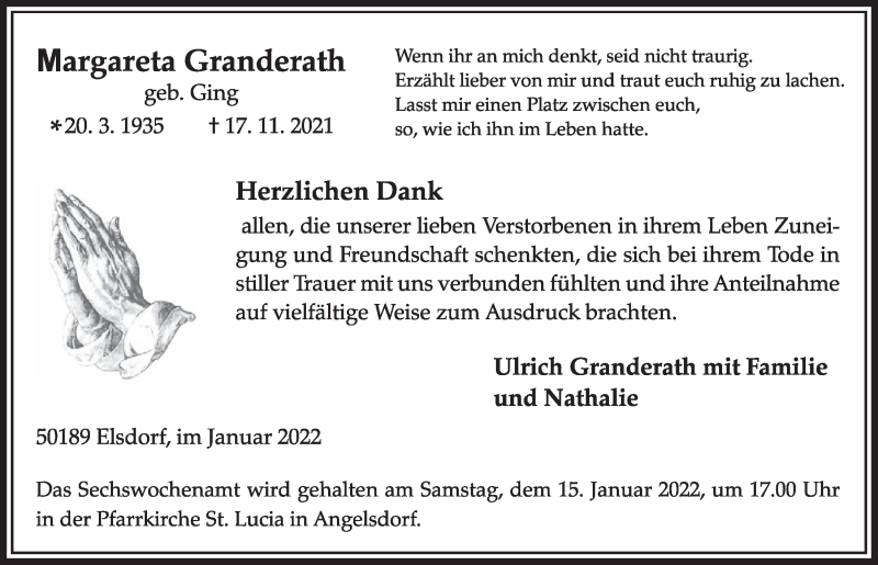  Traueranzeige für Margareta Granderath vom 07.01.2022 aus  Werbepost 
