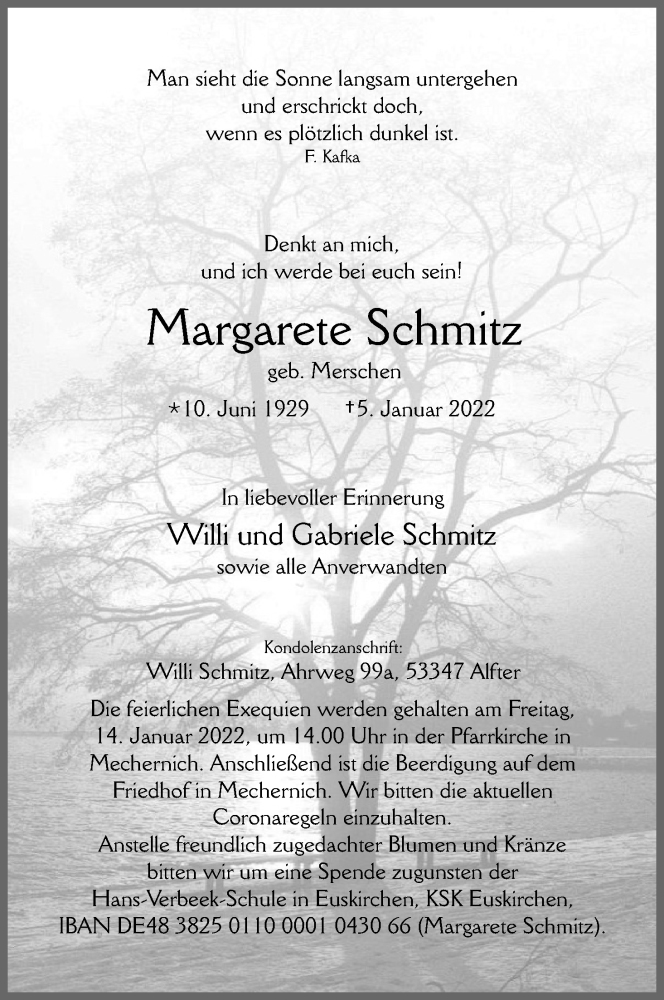  Traueranzeige für Margarete Schmitz vom 08.01.2022 aus Kölner Stadt-Anzeiger / Kölnische Rundschau / Express
