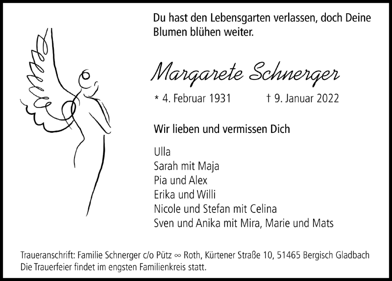  Traueranzeige für Margarete Schnerger vom 14.01.2022 aus  Bergisches Handelsblatt 