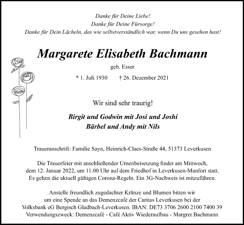  Traueranzeige für Margarete Elisabeth Bachmann vom 08.01.2022 aus Kölner Stadt-Anzeiger / Kölnische Rundschau / Express