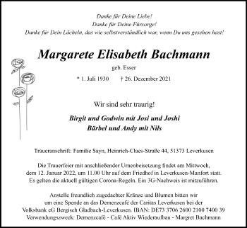 Anzeige von Margarete Elisabeth Bachmann von Kölner Stadt-Anzeiger / Kölnische Rundschau / Express