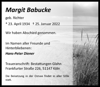 Anzeige von Margit Babucke von  Kölner Wochenspiegel 