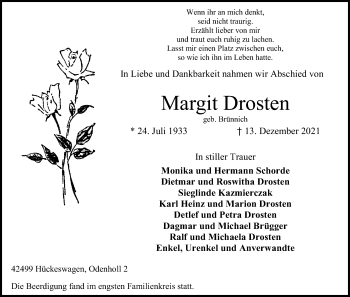 Anzeige von Margit Drosten von Kölner Stadt-Anzeiger / Kölnische Rundschau / Express