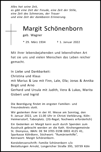 Anzeige von Margit Schönenborn von Kölner Stadt-Anzeiger / Kölnische Rundschau / Express