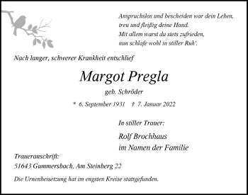 Anzeige von Margot Pregla von  Anzeigen Echo 