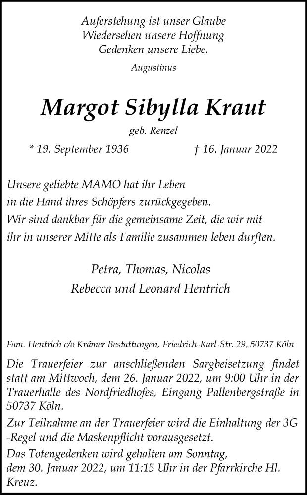  Traueranzeige für Margot Sibylla Kraut vom 22.01.2022 aus Kölner Stadt-Anzeiger / Kölnische Rundschau / Express