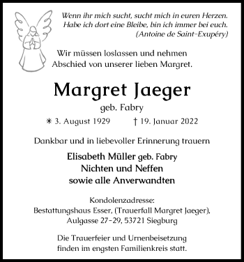 Anzeige von Margret Jaeger von Kölner Stadt-Anzeiger / Kölnische Rundschau / Express