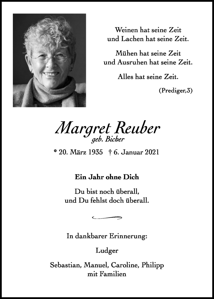 Traueranzeige für Margret Reuber vom 06.01.2022 aus Kölner Stadt-Anzeiger / Kölnische Rundschau / Express