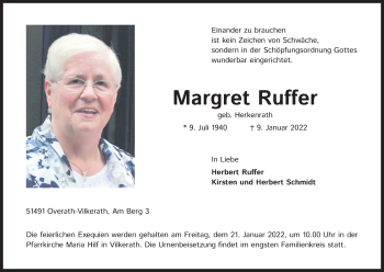 Anzeige von Margret Ruffer von Kölner Stadt-Anzeiger / Kölnische Rundschau / Express