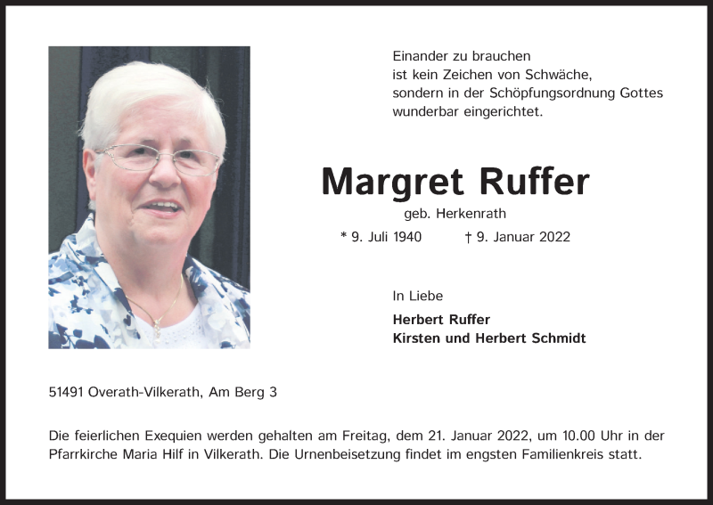  Traueranzeige für Margret Ruffer vom 18.01.2022 aus Kölner Stadt-Anzeiger / Kölnische Rundschau / Express