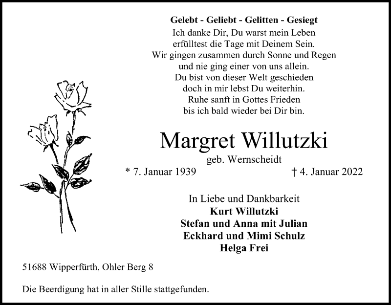  Traueranzeige für Margret Willutzki vom 22.01.2022 aus Kölner Stadt-Anzeiger / Kölnische Rundschau / Express