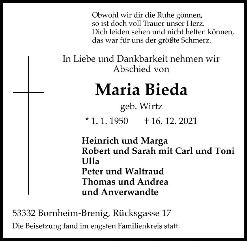  Traueranzeige für Maria Bieda vom 14.01.2022 aus  Schaufenster/Blickpunkt 