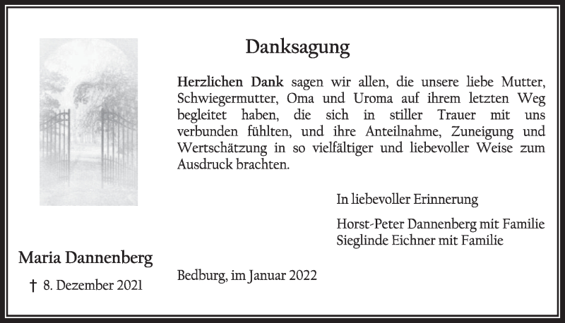  Traueranzeige für Maria Dannenberg vom 21.01.2022 aus  Werbepost 