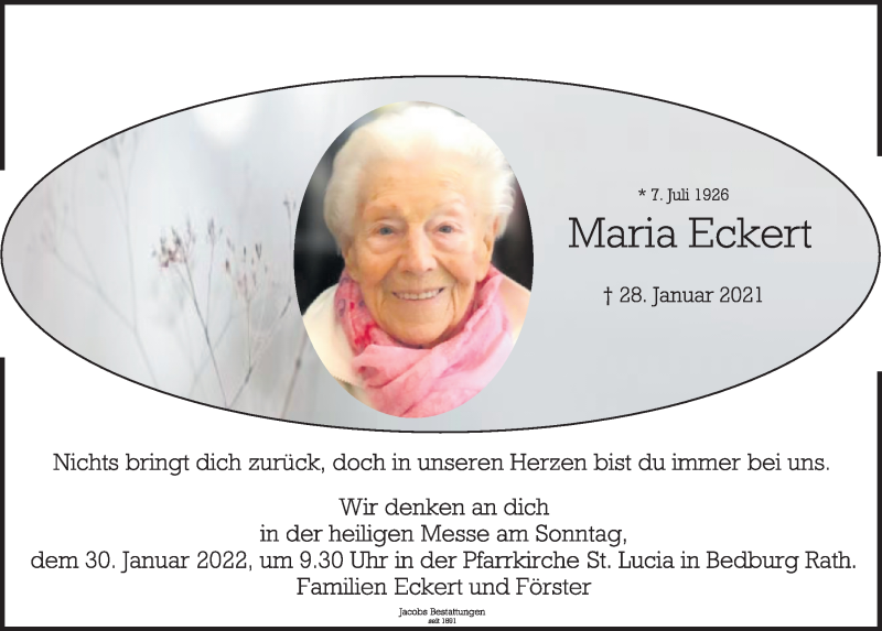  Traueranzeige für Maria Eckert vom 21.01.2022 aus  Werbepost 